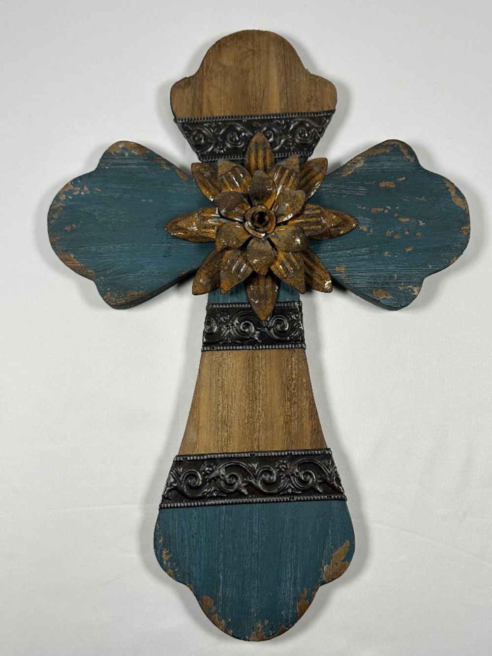 Wooden Cross 20 inches Metal Flower Metal Bands Wall Hanger Rustic Blue Brown